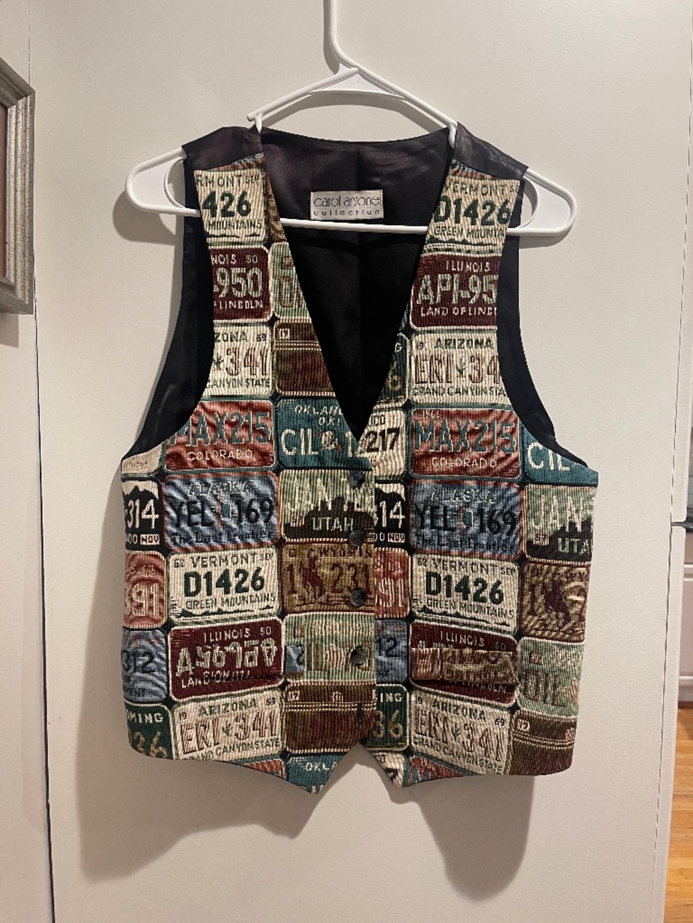 Vtg Carole Antone License Plate Tapestry Vest Women Large Multi Color Retro Boho